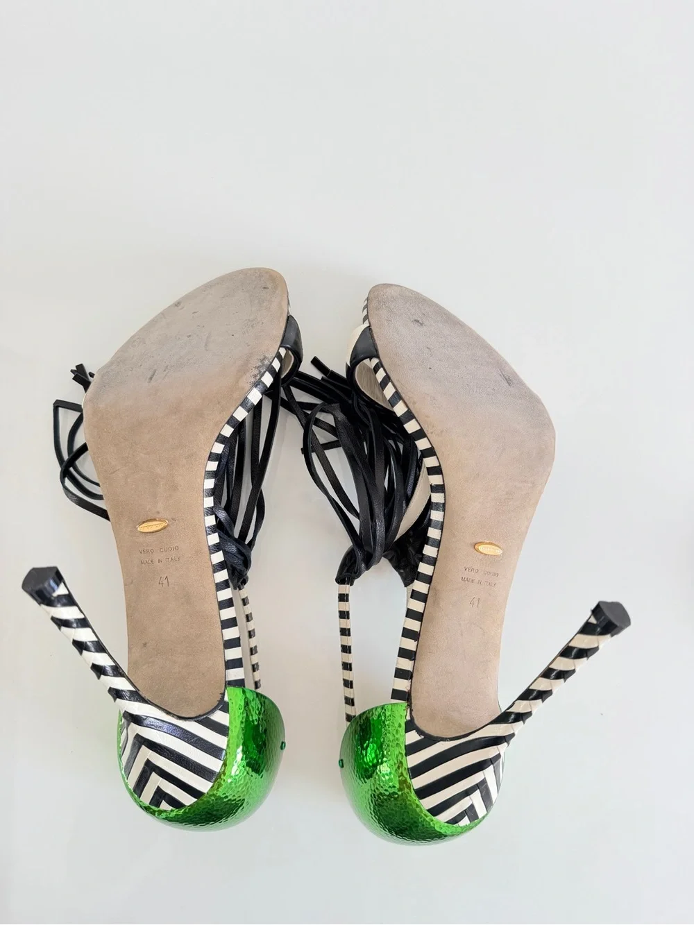 Sergio Rossi Green & Black Fringe High Heel Sandals